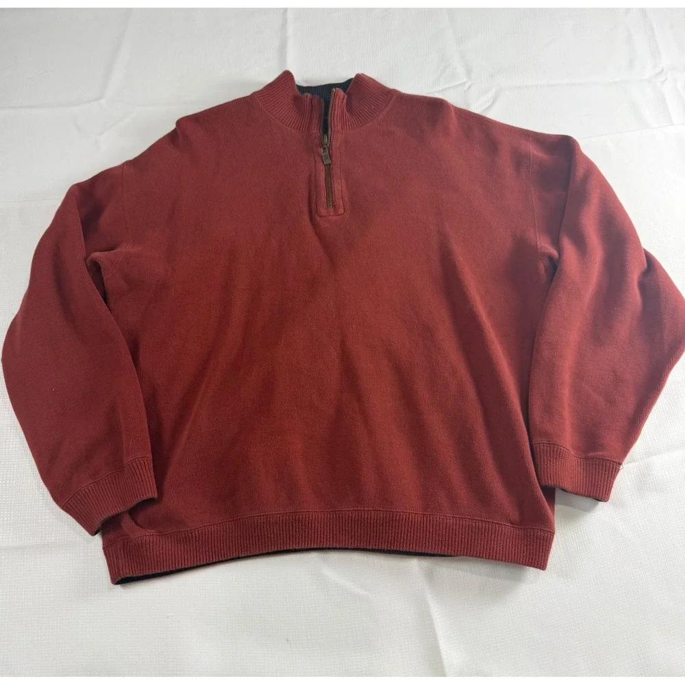Tommy Bahama Mens Reversible Quarter Zip Sweater Rust Orange Charcoal Grey L